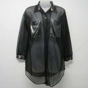 Vtg Y2K Nite Images Chiffon Sheer Black Blouse Shirt Gunmetal Satin Grunge Goth